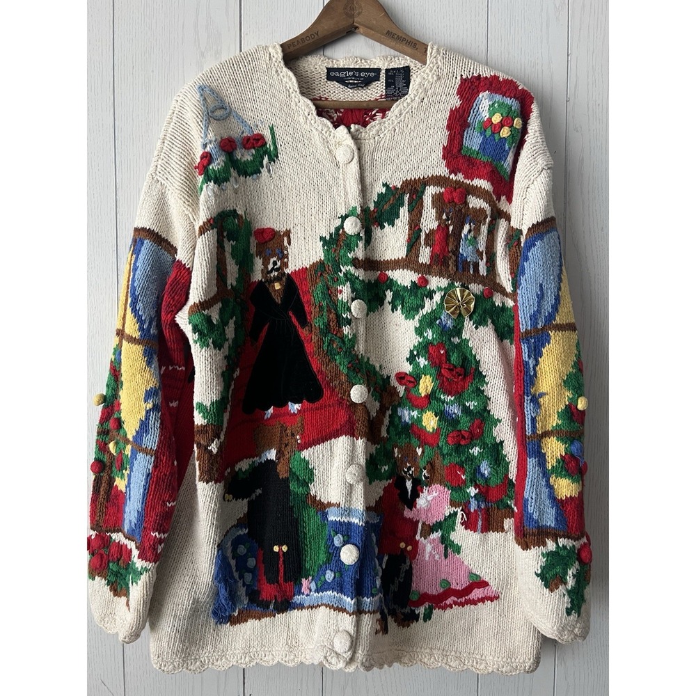 Vintage Eagles Eye Hand Knit Christmas Love Bear Cardigan Sweater L Grandma 90s